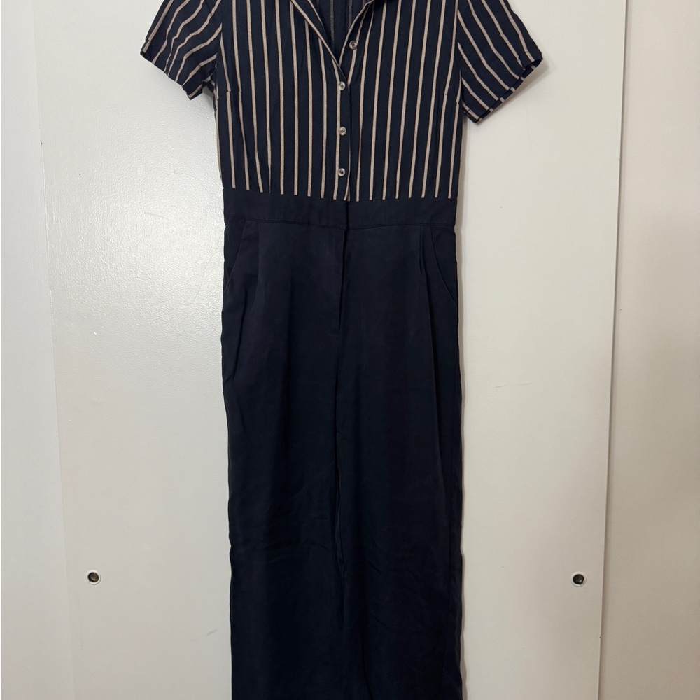 Striped Navy and Beige Short-Sleeve jumpsuit